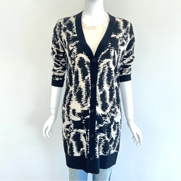 DIANE VON FURSTENBERG Abstract Black Cream Knit Wool Button Long Cardigan Sz S - Picture 15 of 15